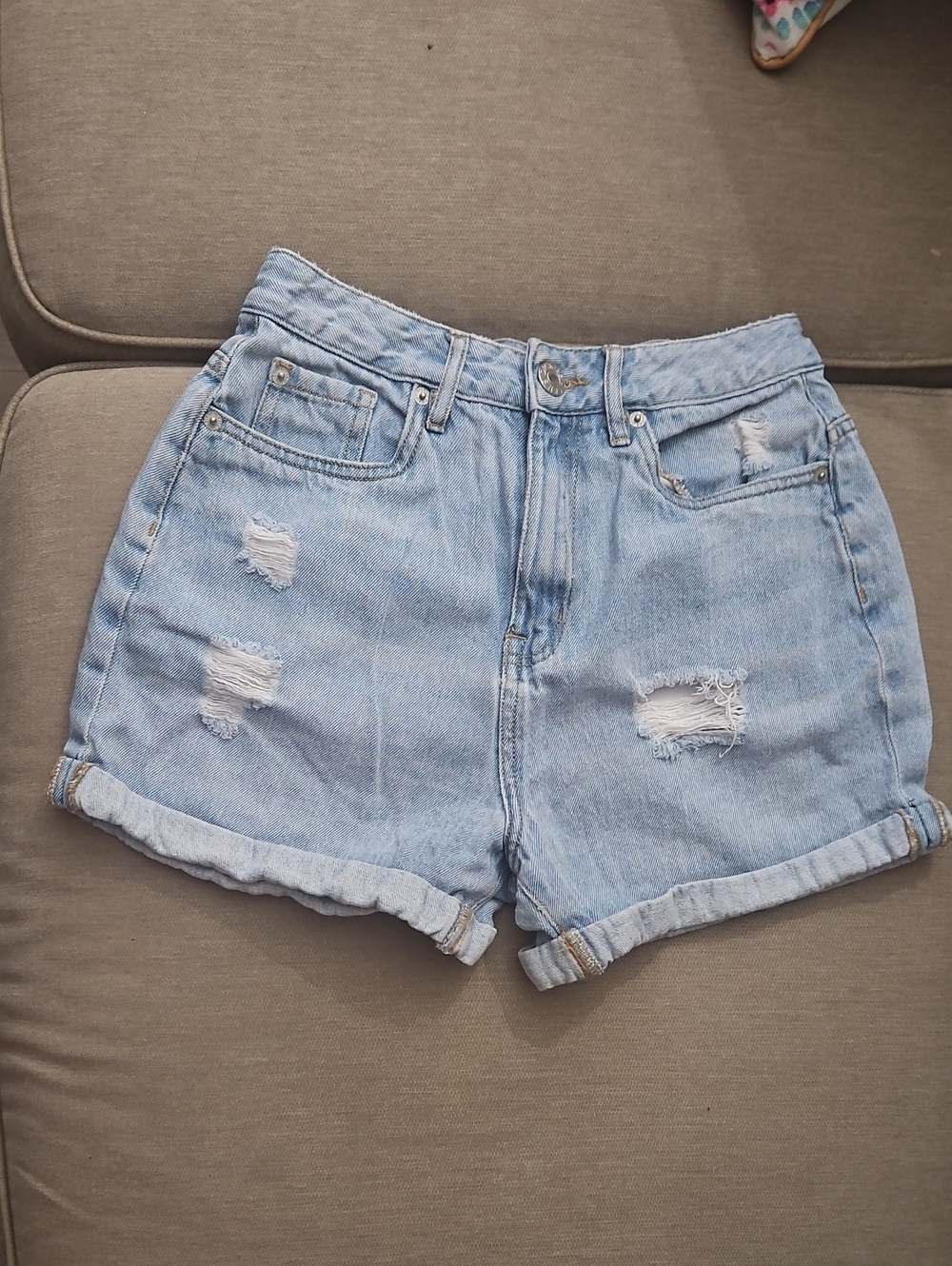 Dickies Light Blue Distressed Denim Roll Hem Jean Shorts Y2K High Waist Retro